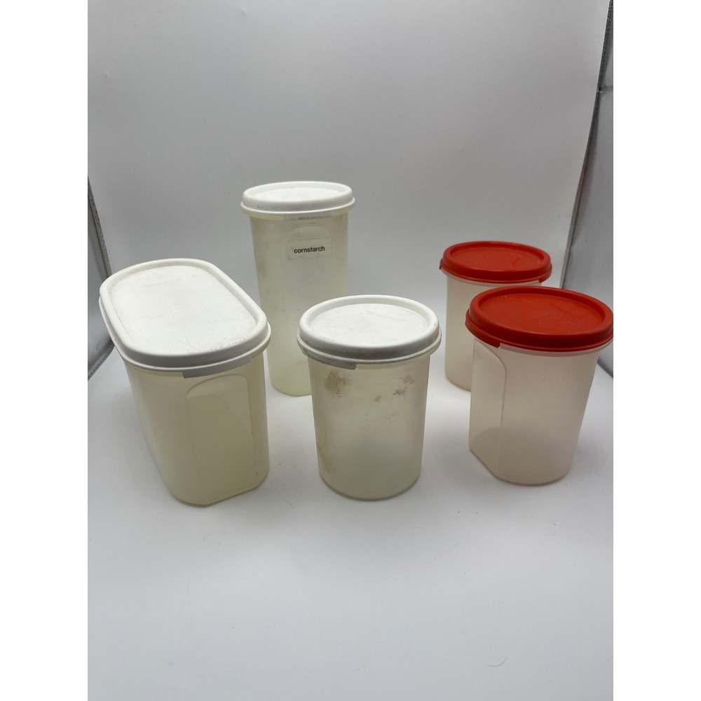 Vintage Tupperware Set of 5 Canisters Modular Mates Red & White Lids Translucent
